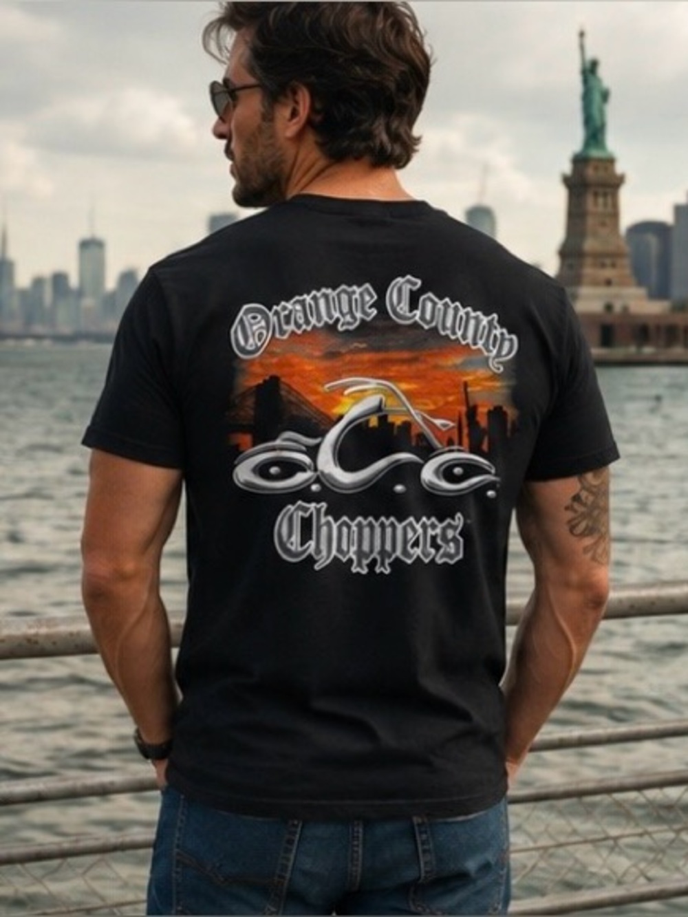 Orange County Choppers OCC Men’s L Black NYC Sunset Graphic T-Shirt